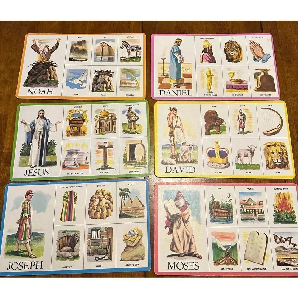 Vintage Biblical Bingo Cards 6 Pieces Cardboard Beautiful Colors Jesus 12”x7.5”